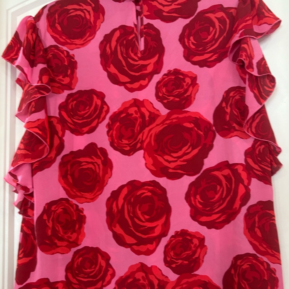New York & Company Red Floral Ruffle Blouse